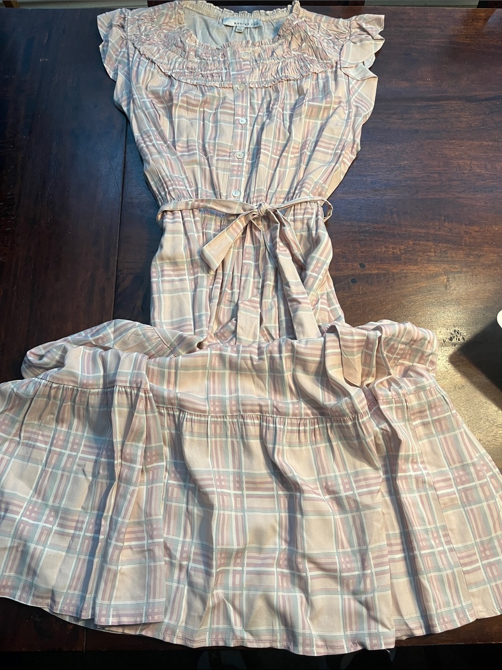 Adelyn Rae Pink Plaid Midi Dress with Ruffle Yoke